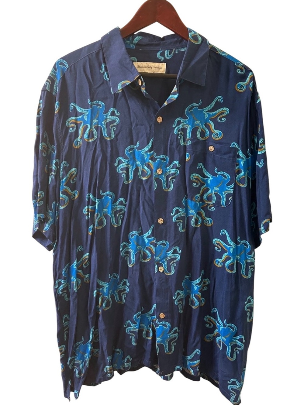 Molokai Surf Vintage Octopus AOP Print Aloha Shirt Mens 2XL Hawaiian Navy
